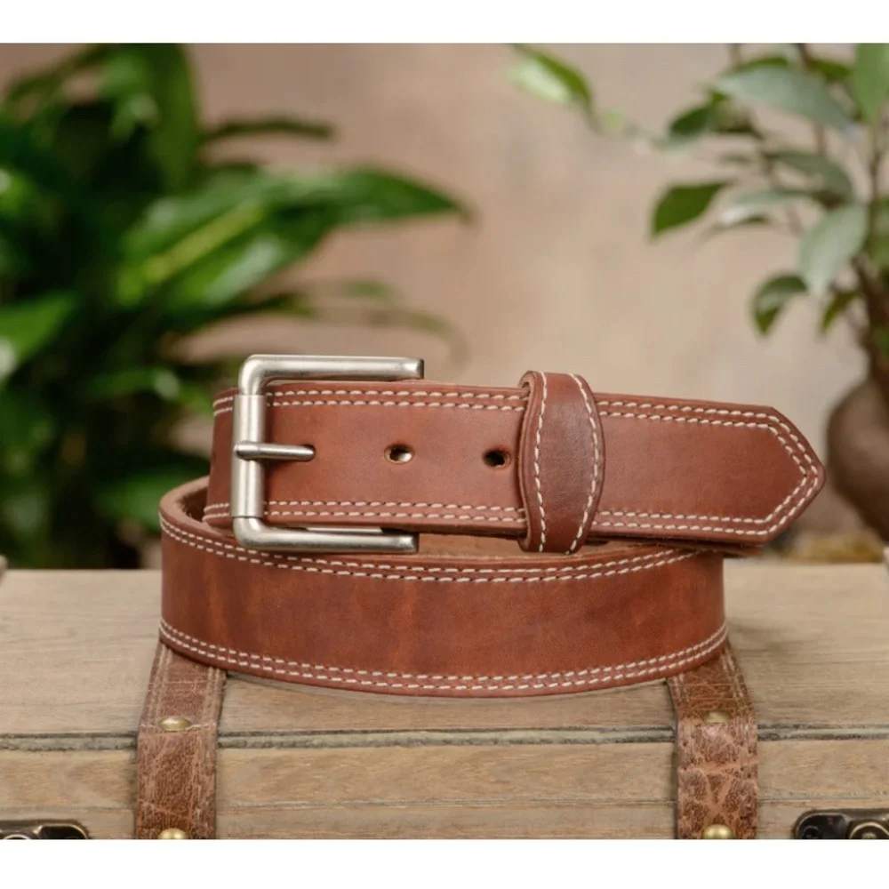 Bull Hide Belt The Maverick Hot Dipped Tan Double Stitched 1.50" Size 46 - Picture 1 of 9